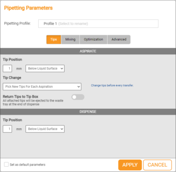 Regular Pipetting Parameters Window